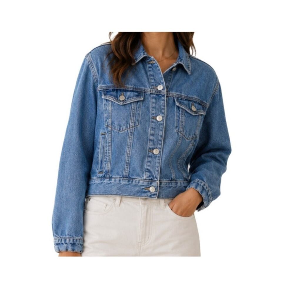Topshop Cropped Boxy Denim Trucker Jacket Medium Wash Blue US 8 UK 12